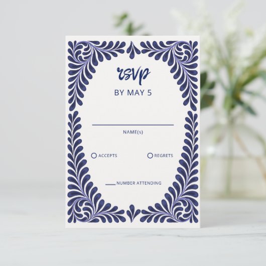 Mexicaanse marine Blue Talavera bruiloft RSVP Kaartje (Staand voorkant)
