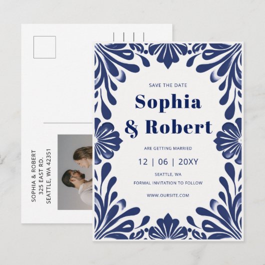 Mexicaanse marine Blue Talavera bruiloft Save the  Aankondigingskaart (Voorkant / Achterkant)