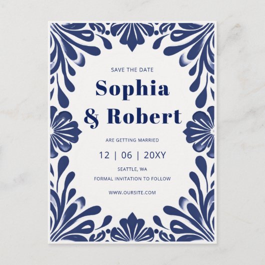 Mexicaanse marine Blue Talavera bruiloft Save the  Aankondigingskaart (Voorkant)