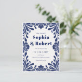 Mexicaanse marine Blue Talavera bruiloft Save the  Aankondigingskaart (Staand voorkant)