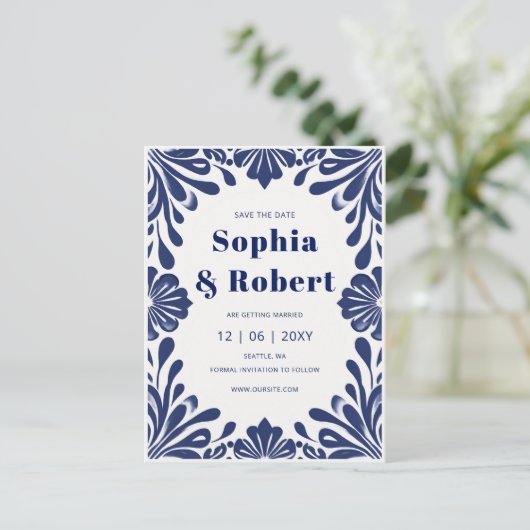 Mexicaanse marine Blue Talavera bruiloft Save the  Aankondigingskaart (Staand voorkant)