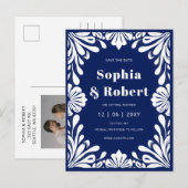 Mexicaanse marine Blue Talavera bruiloft Save the  Aankondigingskaart (Voorkant / Achterkant)