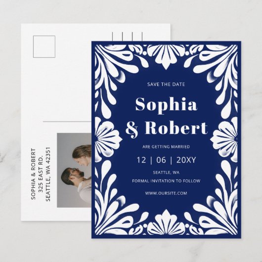 Mexicaanse marine Blue Talavera bruiloft Save the Aankondigingskaart (Voorkant / Achterkant)