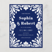 Mexicaanse marine Blue Talavera bruiloft Save the  Aankondigingskaart (Voorkant)