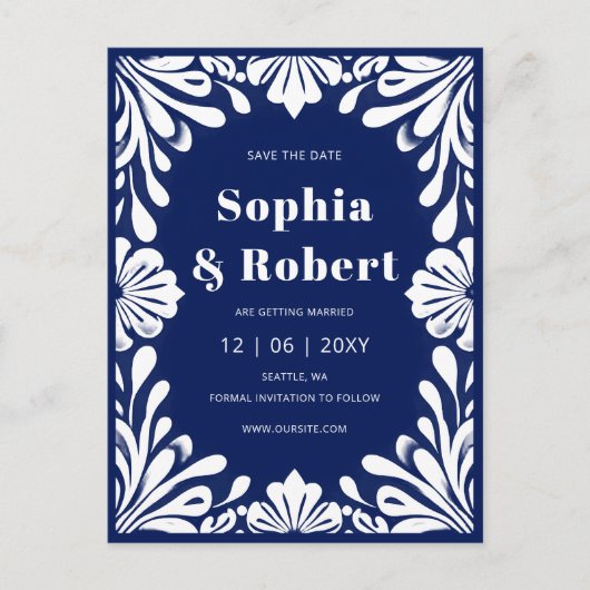 Mexicaanse marine Blue Talavera bruiloft Save the  Aankondigingskaart (Voorkant)