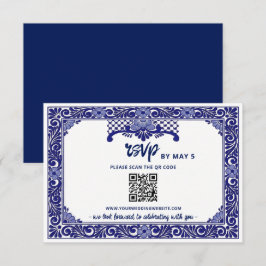 Mexicaanse marineblauwe Talavera-huwelijks-QR-code RSVP Kaartje