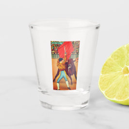 Mexicaanse matador zwaait met cape en laadt stier  shot glas