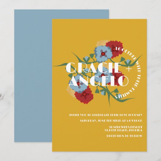 Mexicaanse Mosterd Blauwe Bloemen Bruiloft Kaart (Voorkant / Achterkant)
