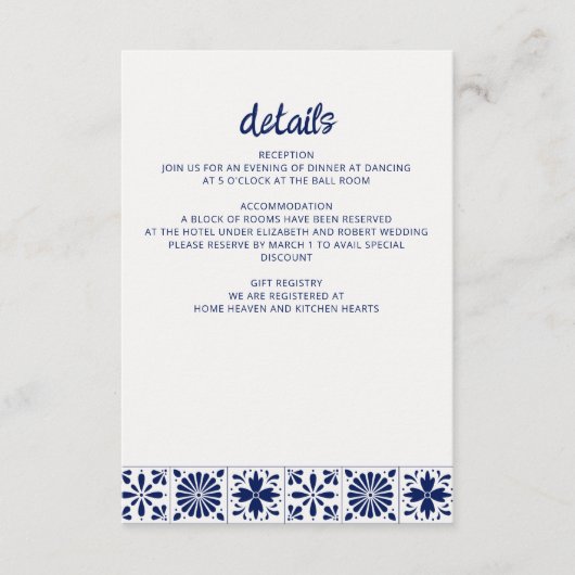 Mexicaanse Navy Blue Talavera Tegels bruiloft Informatiekaartje (Voorkant)