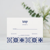 Mexicaanse Navy Blue Talavera Tegels bruiloft RSVP Kaartje (Staand voorkant)