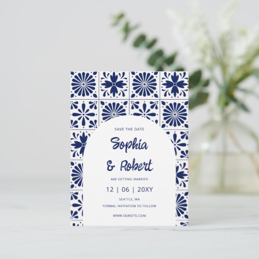 Mexicaanse Navy Blue Talavera-Tegels redden de dat Aankondigingskaart (Staand voorkant)