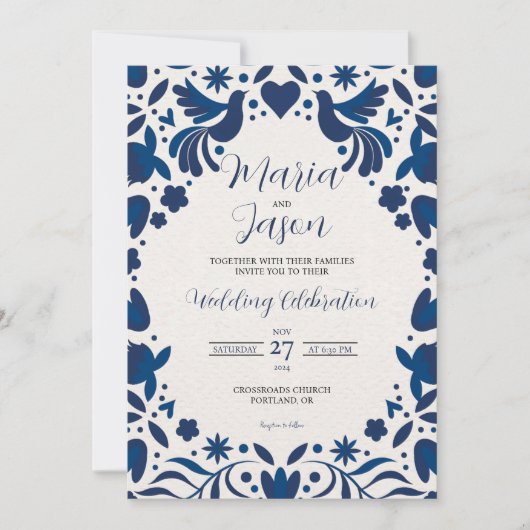 Mexicaanse Otomi Blue Floral Elegant Fiesta Weddin Kaart (Voorkant)