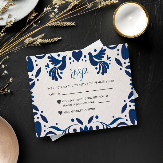 Mexicaanse Otomi Blue Floral Elegant Fiesta Weddin RSVP Kaartje