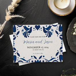 Mexicaanse Otomi Blue Floral Elegant Fiesta Weddin Save The Date