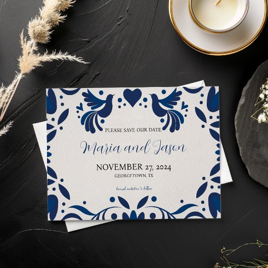 Mexicaanse Otomi Blue Floral Elegant Fiesta Weddin Save The Date