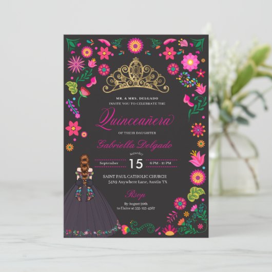 Mexicaanse Otomi borduurwerk Quinceañera uitnodigi Kaart (Staand voorkant)