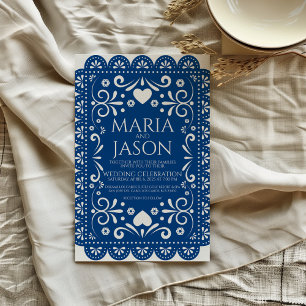 Mexicaanse Papel Picado Blauw Wit Folk Art Wedding Kaart