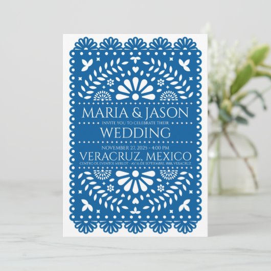 Mexicaanse Papel Picado Blauwe Folk Art Boda bruil Kaart (Staand voorkant)