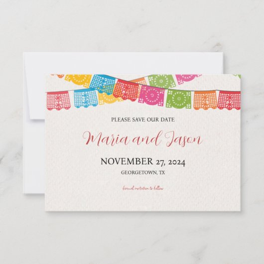 Mexicaanse Papel Picado Elegante Kleurrijke Boda b Save The Date (Voorkant)