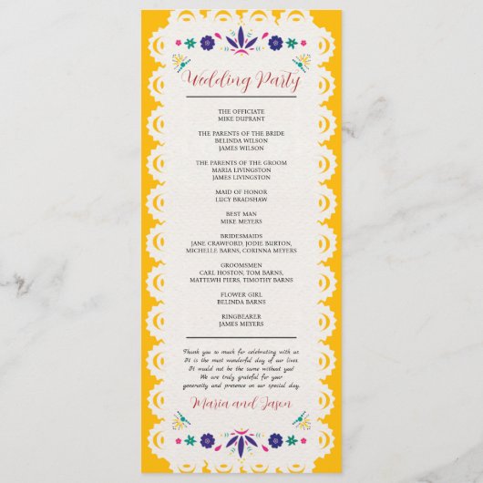 Mexicaanse Papel Picado Gele Nuestra Boda bruiloft Programmakaart (Achterkant)