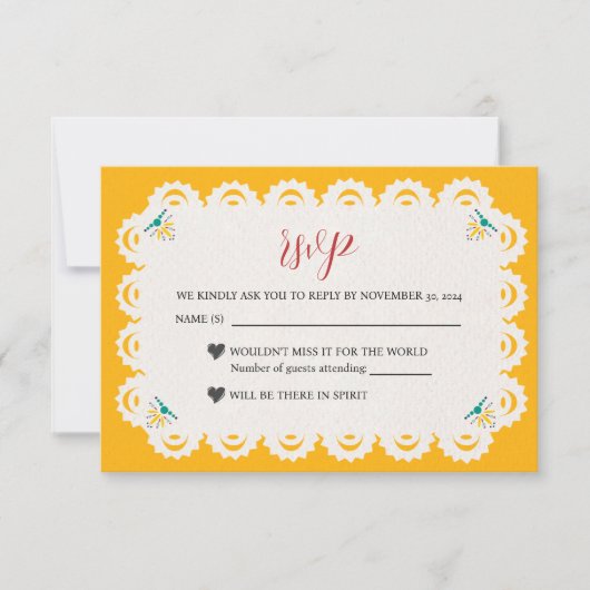 Mexicaanse Papel Picado Gele Nuestra Boda bruiloft RSVP Kaartje (Voorkant)