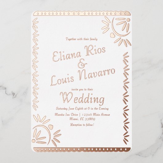 Mexicaanse papel Picado Gold Wedding met geperste Folie Uitnodiging (Voorkant)