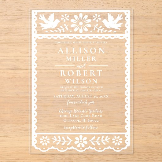 Mexicaanse papel picado roze bruiloft acryl uitnodigingen (Voorkant)