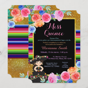 Mexicaanse partij Gold Black Dress Quinceañera Kaart