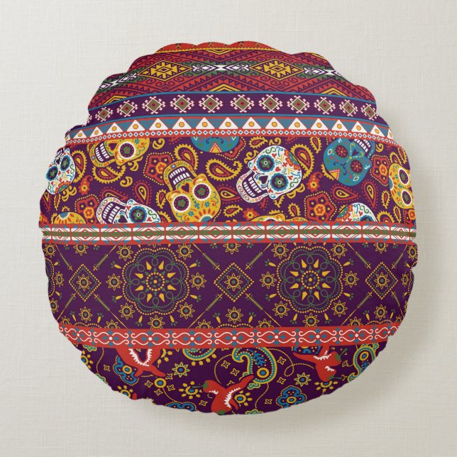 Mexicaanse patchwork: traditioneel  design. rond kussen (Voorkant)
