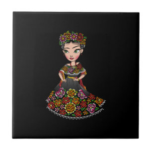 Mexicaanse pop met bloemen tegeltje