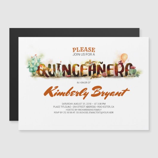 MEXICAANSE QUINCEANERA 15E VERJAARDAG MAGNETISCHE UITNODIGING (Voorkant / Achterkant)