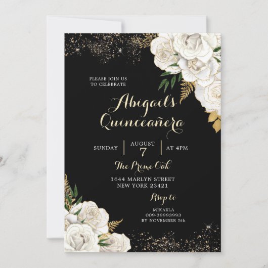Mexicaanse Quinceañera: White and Gold Floral Kaart (Voorkant)