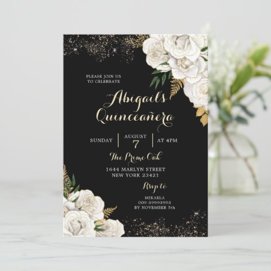 Mexicaanse Quinceañera: White and Gold Floral Kaart (Staand voorkant)