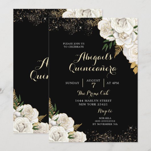 Mexicaanse Quinceañera: White and Gold Floral Kaart (Voorkant / Achterkant)