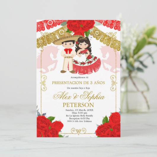 Mexicaanse rode en gouden rozen Tweeling Los Tres  Kaart (Staand voorkant)