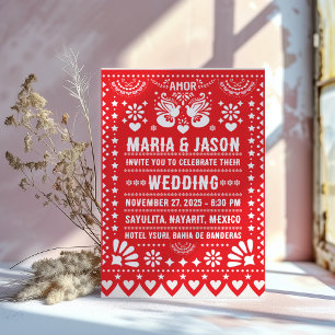 Mexicaanse Rode Papel Picado Bruiloft Volkskunst Kaart