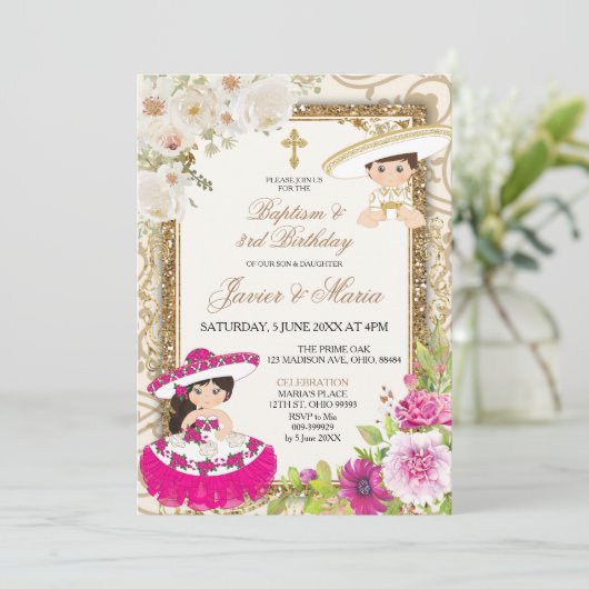Mexicaanse roze en blauwe sibling Baptisme derde v Kaart (Staand voorkant)