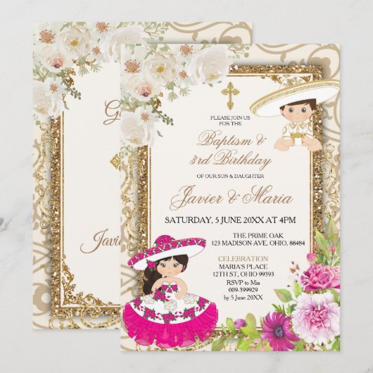 Mexicaanse roze en blauwe sibling Baptisme derde v Kaart (Voorkant / Achterkant)