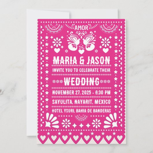 Mexicaanse Roze Papel Picado Fiesta Folk Art Weddi Kaart (Voorkant)