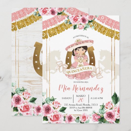 Mexicaanse Roze Roos Charra 15e Verjaardagsuitnodi Kaart (Voorkant / Achterkant)