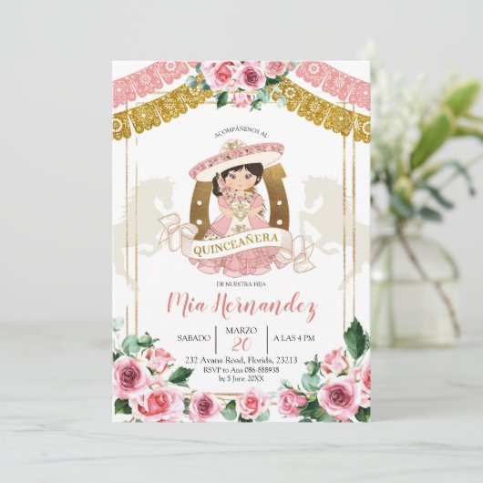 Mexicaanse roze roze charra 15e verjaardag uitnodi kaart (Staand voorkant)