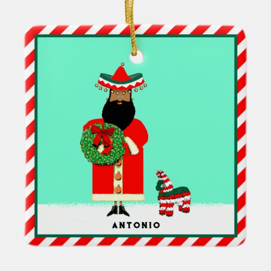 Mexicaanse Santa Feliz Navidad Keramisch Ornament (Voorkant)