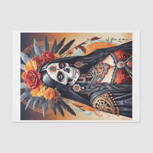 Mexicaanse Santa Muerte versierd met bloemen Tissuepapier (Voorkant)