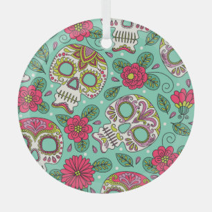 Mexicaanse schedel en bloemen, naadloos. glas ornament