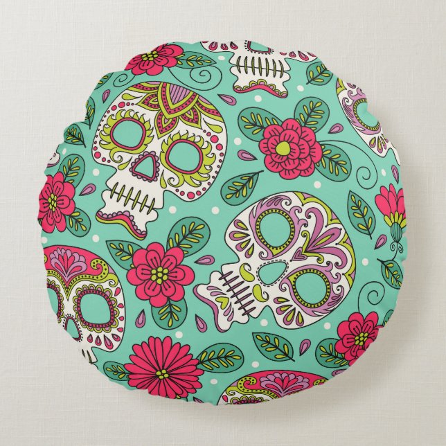 Mexicaanse schedel en bloemen, naadloos. rond kussen (Voorkant)