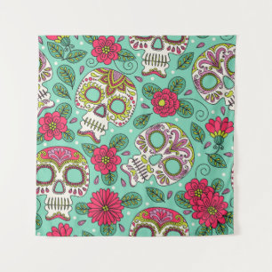 Mexicaanse schedel en bloemen, naadloos. wandkleed