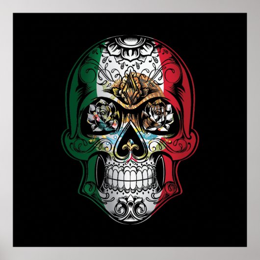 Mexicaanse schedel en Rozen vlag Poster (Voorkant)