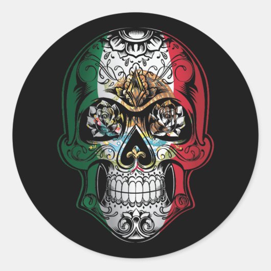 Mexicaanse schedel en Rozen vlag Ronde Sticker (Voorkant)