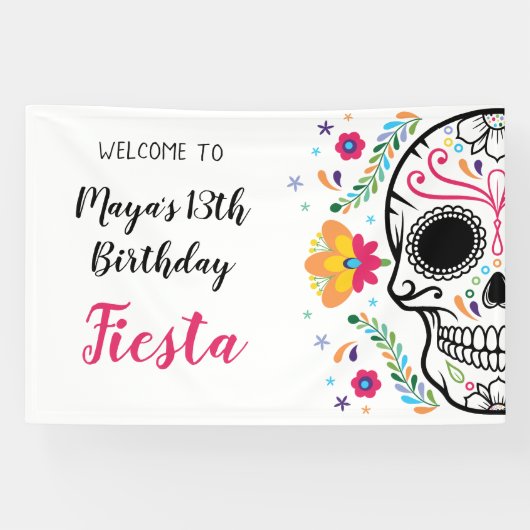 Mexicaanse schedel Floral Fiesta Verjaardag Spandoek (Horizontaal)