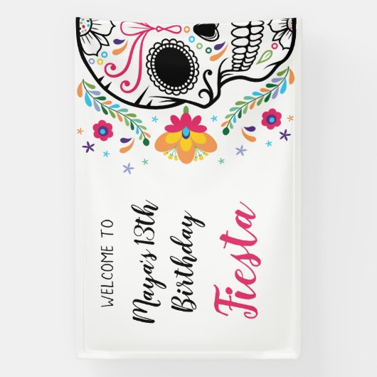 Mexicaanse schedel Floral Fiesta Verjaardag Spandoek (Verticaal)